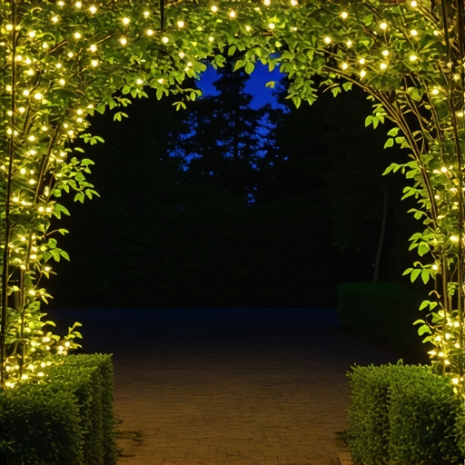 Magical Night Garden Arch with Lighting Garden arch illuminated with LED lights creating a magical night scene