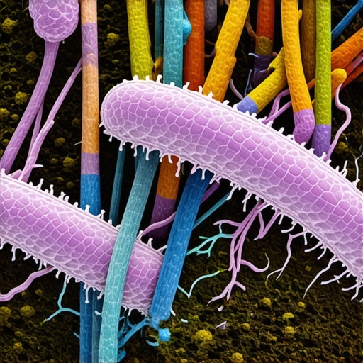 Mikrobiom tla pod mikroskopom Detaljan prikaz bakterija i gljivica u tlu, ilustracija mikrobioma