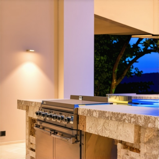 Modern Outdoor Kitchen Design with Durable Materials Contemporary outdoor kitchen with stainless steel appliances, stone surfaces, and ambient lighting.