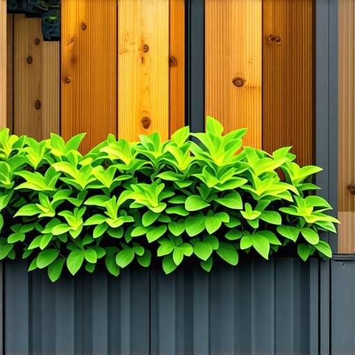 Modern garden fence with greenery A stylish garden fence combining wood and metal with lush plants around