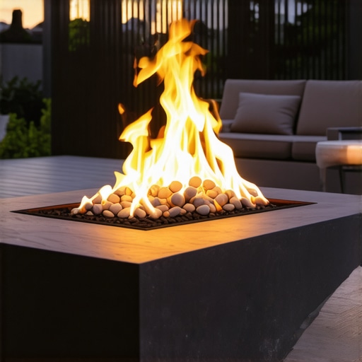 Modern outdoor fire pit with innovative materials and solar lighting Stylish modern outdoor fire pit made from composite materials with solar lighting in a garden at dusk