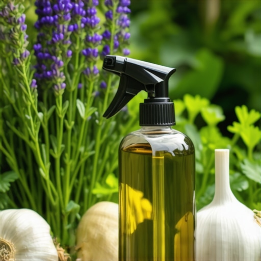 Natural pest repellent spray in garden Herbal and garlic-based natural pest repellent in garden spray bottle