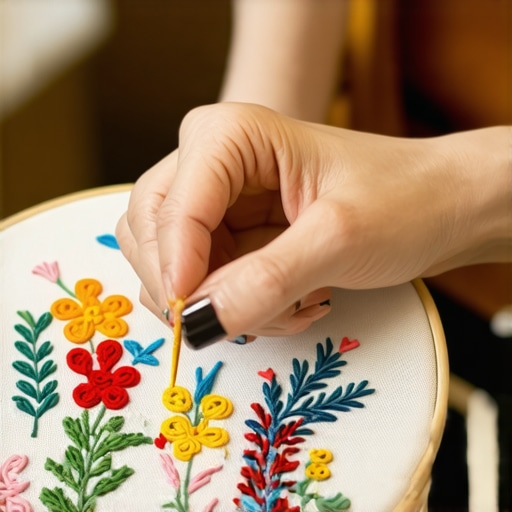 Embroidery artist working on fabric with colorful threads at home