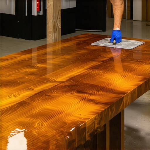 Profesionalno nanošenje epoksida na drveni sto Majstor ravnomerno nanosi epoksi na drvenu površinu uz fini sjaj