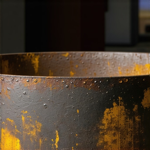 Recycled Metal Fire Pit with Engravings Close-up of a recycled metal fire pit with artistic engravings in a workshop setting