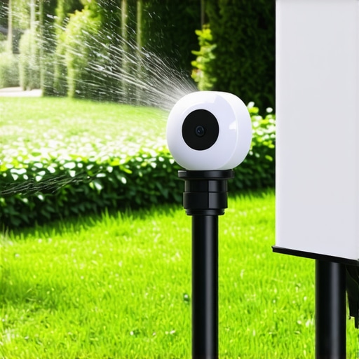 Smart Irrigation System in Action Automated smart irrigation system with sensors in a vibrant garden setting