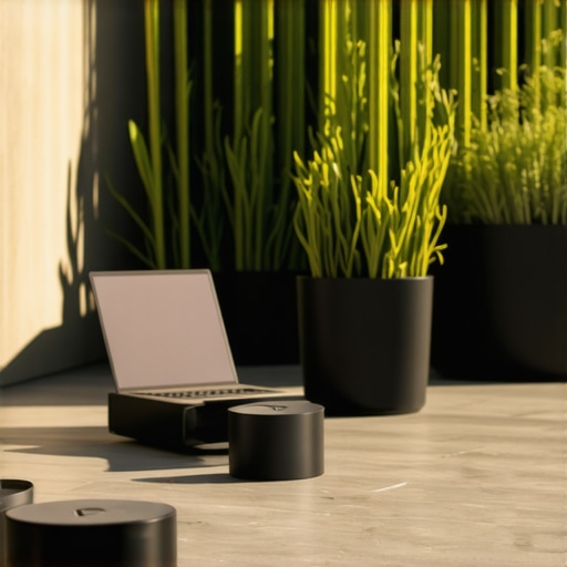 Smart Tech-Enabled Terrace Design Contemporary outdoor terrace featuring smart lighting, sensors, and lush greenery, showcasing modern technology integration