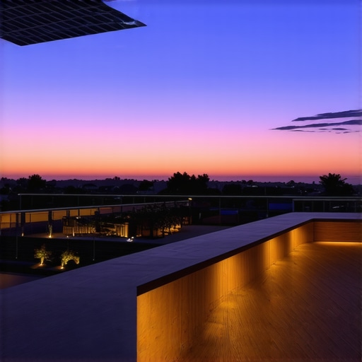 Terrace with smart lighting, solar panels, and modern outdoor furniture