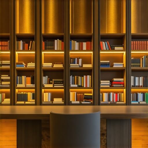 Smart modern built-in bookshelves with technology Interior view of high-tech built-in bookshelves with LED lighting and sensors in a modern home