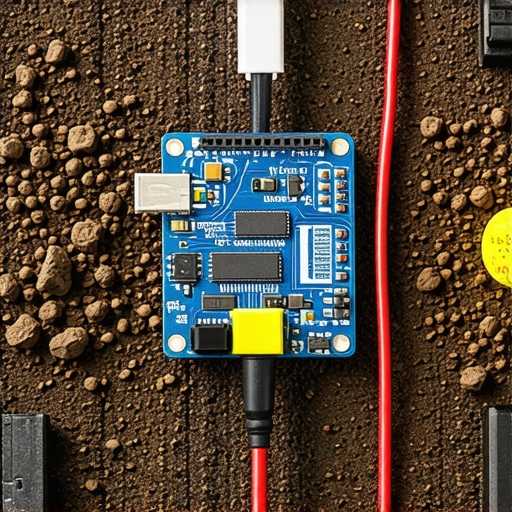 Soil Moisture Sensor Integrated with Arduino for Smart Irrigation Soil moisture sensor connected to Arduino system in a garden setting
