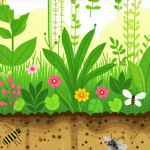 Sustainable Garden Ecosystem Illustration of a garden with various plants and beneficial insects creating a balanced ecosystem.