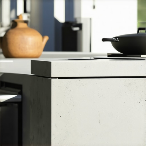 Umetnički prikaz vrtnog ostrva sa ekološkim materijalima i tehnologijom Futuristički vrtni roštilj sa recikliranim materijalima i pametnim sistemima