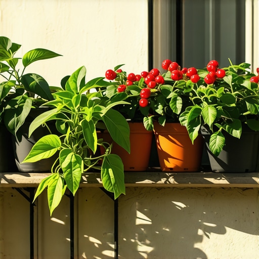 Urban balcony garden with potted citrus and strawberries Colorful balcony with potted citrus and strawberry plants