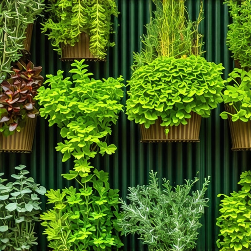 Urban vertical garden with herbs and succulents Balcony vertical garden with herbs, succulents, eco-structures, city backdrop