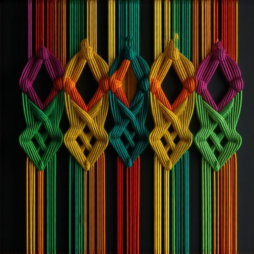 Close-up of complex layered macrame wall decoration with vibrant colors and detailed knots