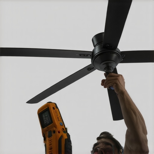 Advanced tools for ceiling fan installation Laser level and digital screwdriver used for ceiling fan installation on sloped ceilings
