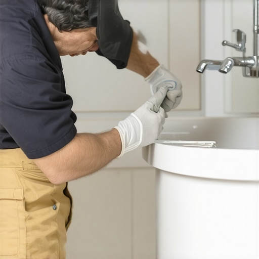 Professional plumber sealing bathtub with silicone