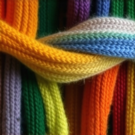 Colorful knitted scarf with diverse textures Close-up of a vibrant knitted scarf showcasing different textures and color combinations