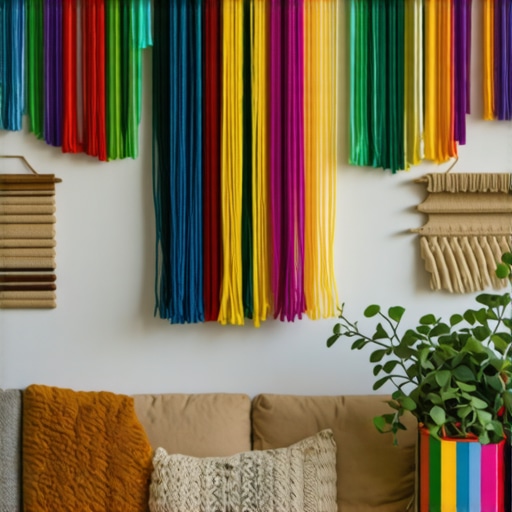 Stylish modern living room with vibrant macrame wall hangings and decorative elements