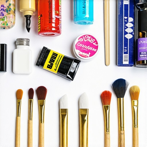 Decoupage workspace with creative materials Creative workspace with decoupage materials and decorated wooden items.