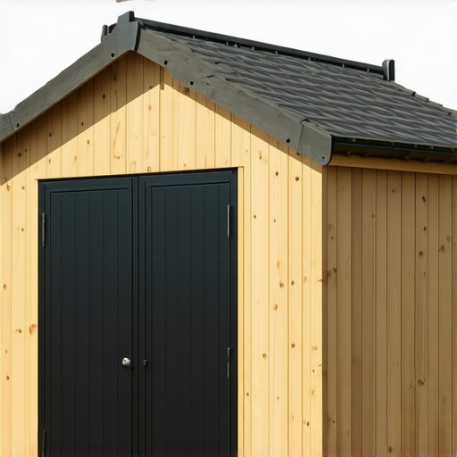 Durable Wooden Shed Construction A detailed illustration of a robust wooden shed with reinforced foundation and modern design elements