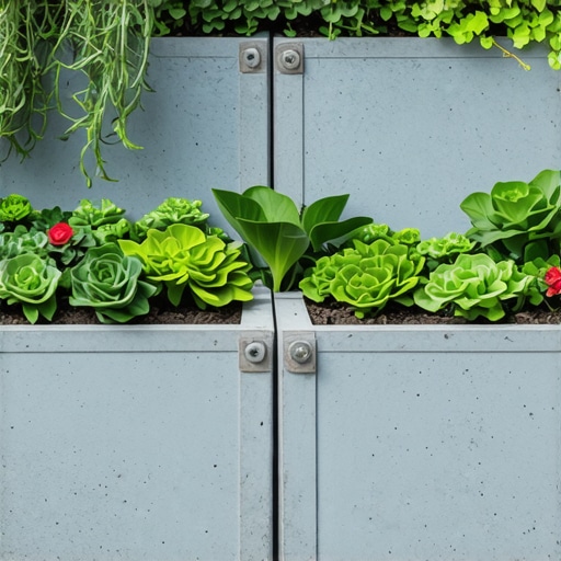 Close-up of weather-resistant raised garden beds made from recycled materials with healthy plants.