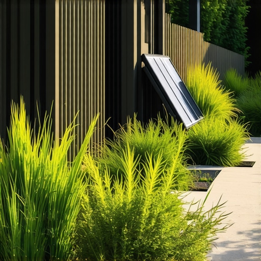 Eco-Friendly Garden Design with Advanced Technologies Modern eco garden with solar panels and rainwater system