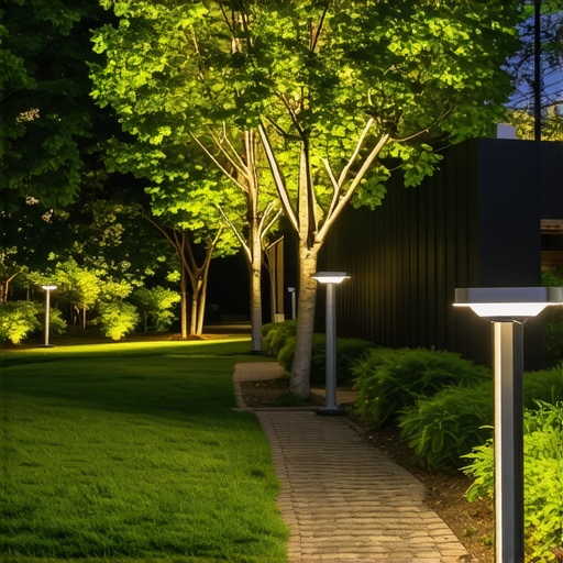 Eco-Friendly Garden Lighting at Night Night scene of a modern eco-friendly garden illuminated with solar and LED lights