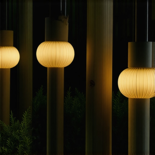 Recycled material garden lights powered by solar energy in a lush garden