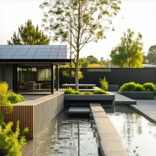 Eco-Friendly Smart Garden Design Modern eco-friendly backyard with solar panels, water features, native plants, and smart technology.