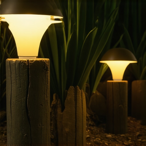 Eco-Friendly Solar Garden Lighting Design Recycled and natural materials used in solar garden lamps, showcasing eco-friendly outdoor lighting in a vibrant garden setting.