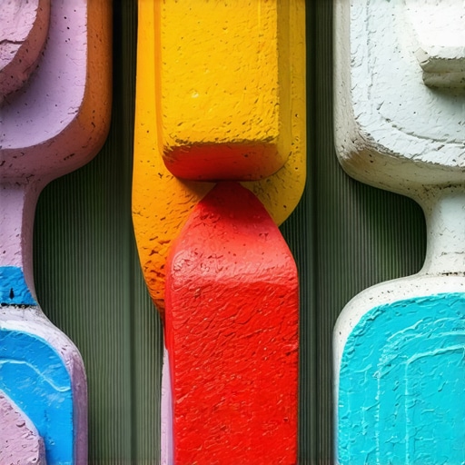 Close-up of creative concrete garden sculptures made from recycled and recycled materials in outdoor setting