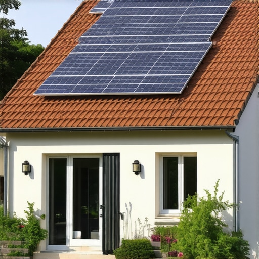 Sustainable house with solar panels and lush garden