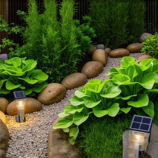 Green garden with recycled materials and solar lighting