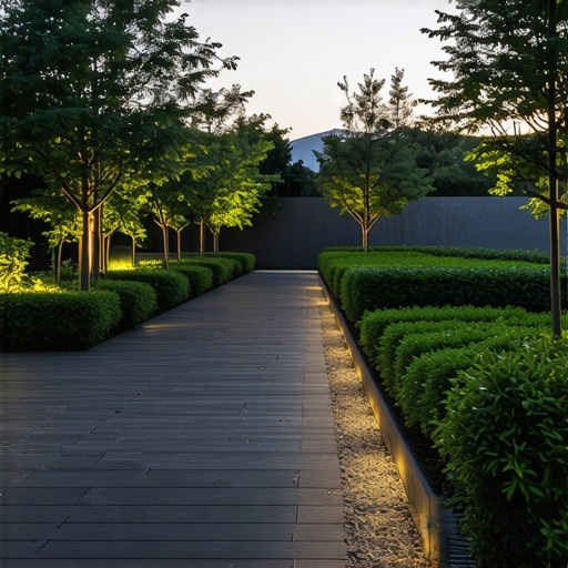 Modern garden with solar lights and smart irrigation system at dusk