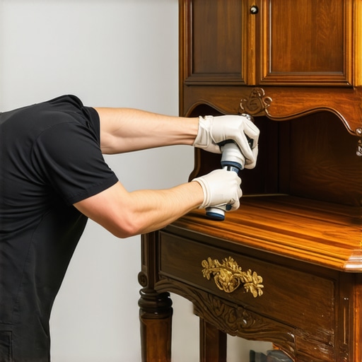 Expert Applying Nano-Coating to Vintage Furniture Professional craftsperson applying protective nano-coating to antique furniture for preservation.