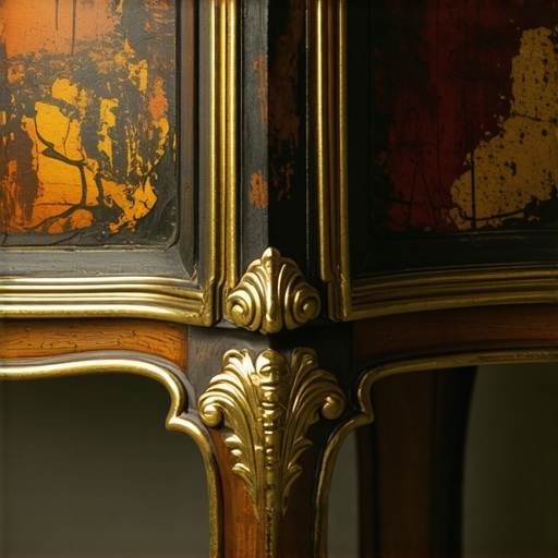 Close-up of furniture with patina, gilding, and decoupage details