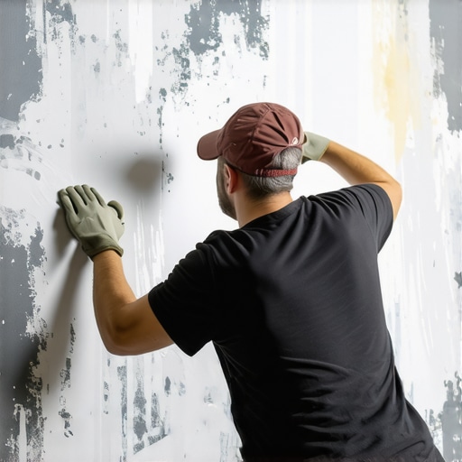 Detailed photo of a craftsman applying textured plaster on a wall with a trowel.