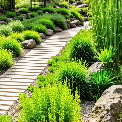 Advanced eco-friendly garden with layered landscape and recycled materials