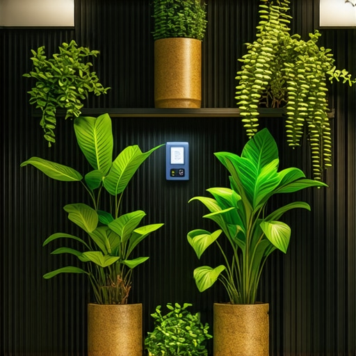 Futuristic DIY Plant Shelf with Smart Technology Modern DIY plant shelf with smart sensors and recycled materials in stylish home environment