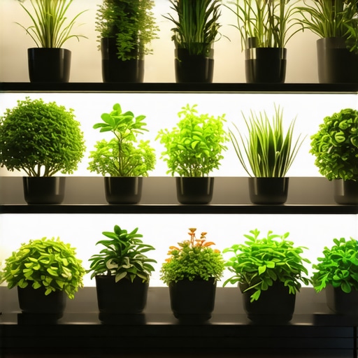 Futuristic Modular Plant Shelf with Smart Technology Modern plant shelf with integrated LED lights and sensors in stylish interior