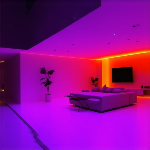 Futuristic interior of a smart home with integrated AR and IoT devices, sleek design, and vibrant lighting