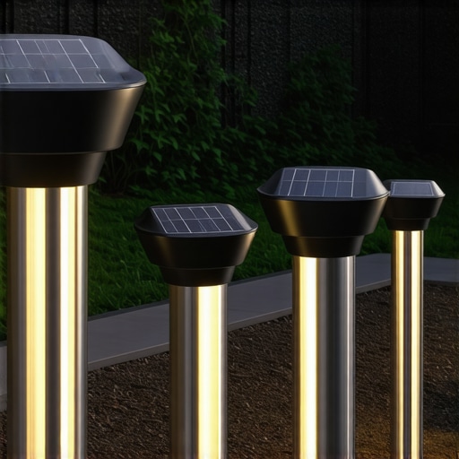 Sleek futuristic solar garden lights illuminating a modern backyard
