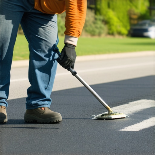 High-precision asphalt sealant application Professional applying asphalt sealant with precision tools outdoors