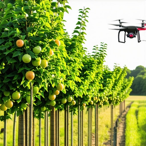 High-tech orchard with sensors and drones Advanced technology in fruit orchard with sensors and drones monitoring healthy trees