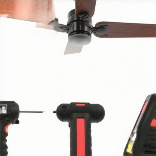 High-tech tools for ceiling fan installation Laser level and digital screwdriver used in ceiling fan installation