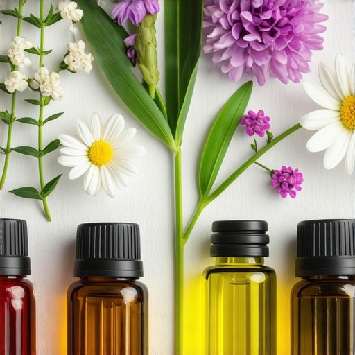 Beautiful homemade perfume bottles surrounded by flowers and essential oils