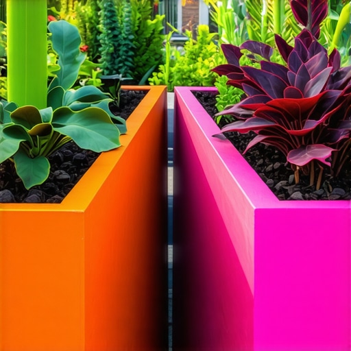 Modern raised garden beds made from recycled materials with lush plants and advanced irrigation systems in a vibrant outdoor garden setting