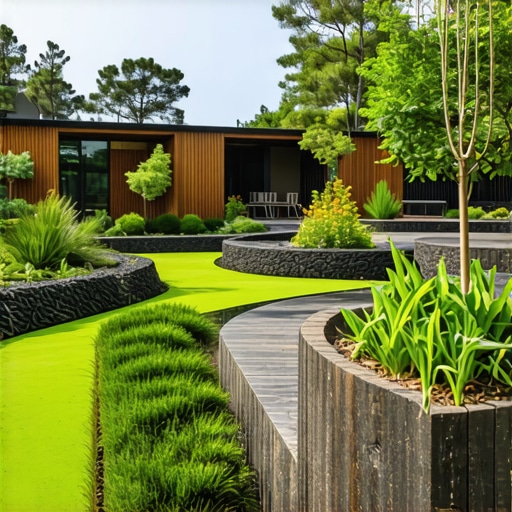 Modern eco-garden featuring recycled materials and bioengineering techniques