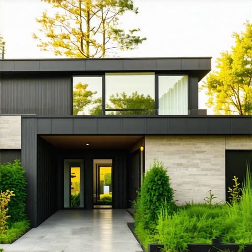 Ilustracija modernog doma sa solarnih panelima i recikliranim materijalima